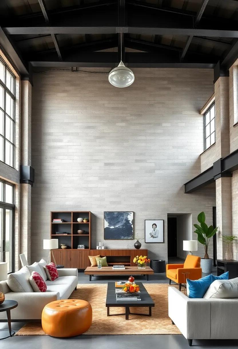 Oversized steel beams painted in charcoal gray serve as striking focal points in spacious loft apartments