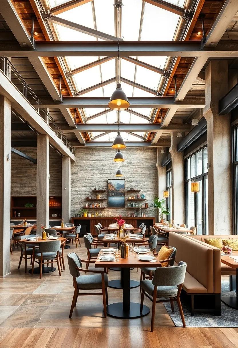 Polished steel beams paired with wooden accents create a warm yet industrial ambiance in dining areas