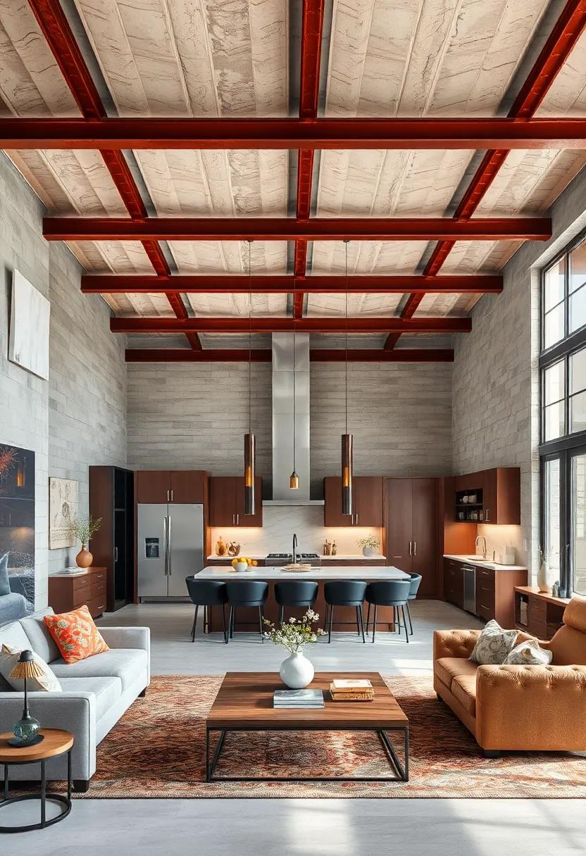 Thick, rust-colored steel beams add texture and depth to open-concept kitchens, emphasizing raw materials