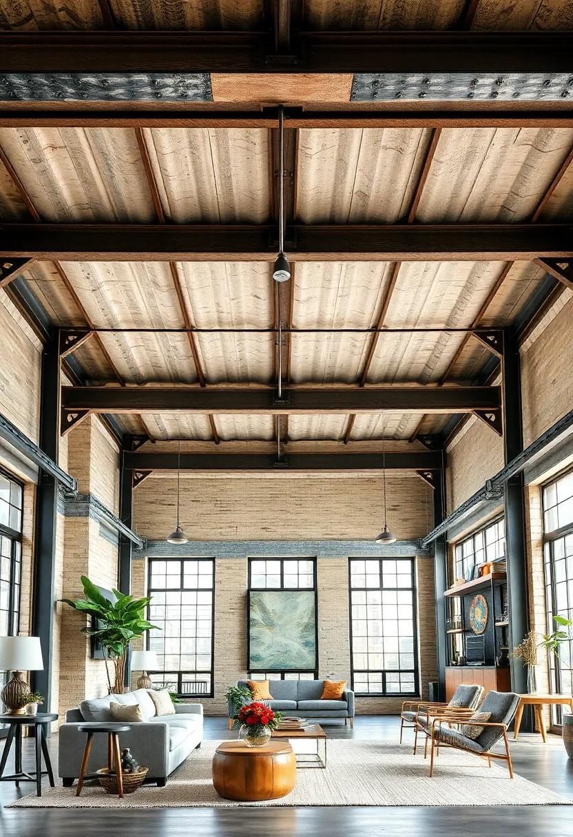 Weathered steel beams with visible rivets evoke a vintage, factory-inspired aesthetic perfect for creative studios