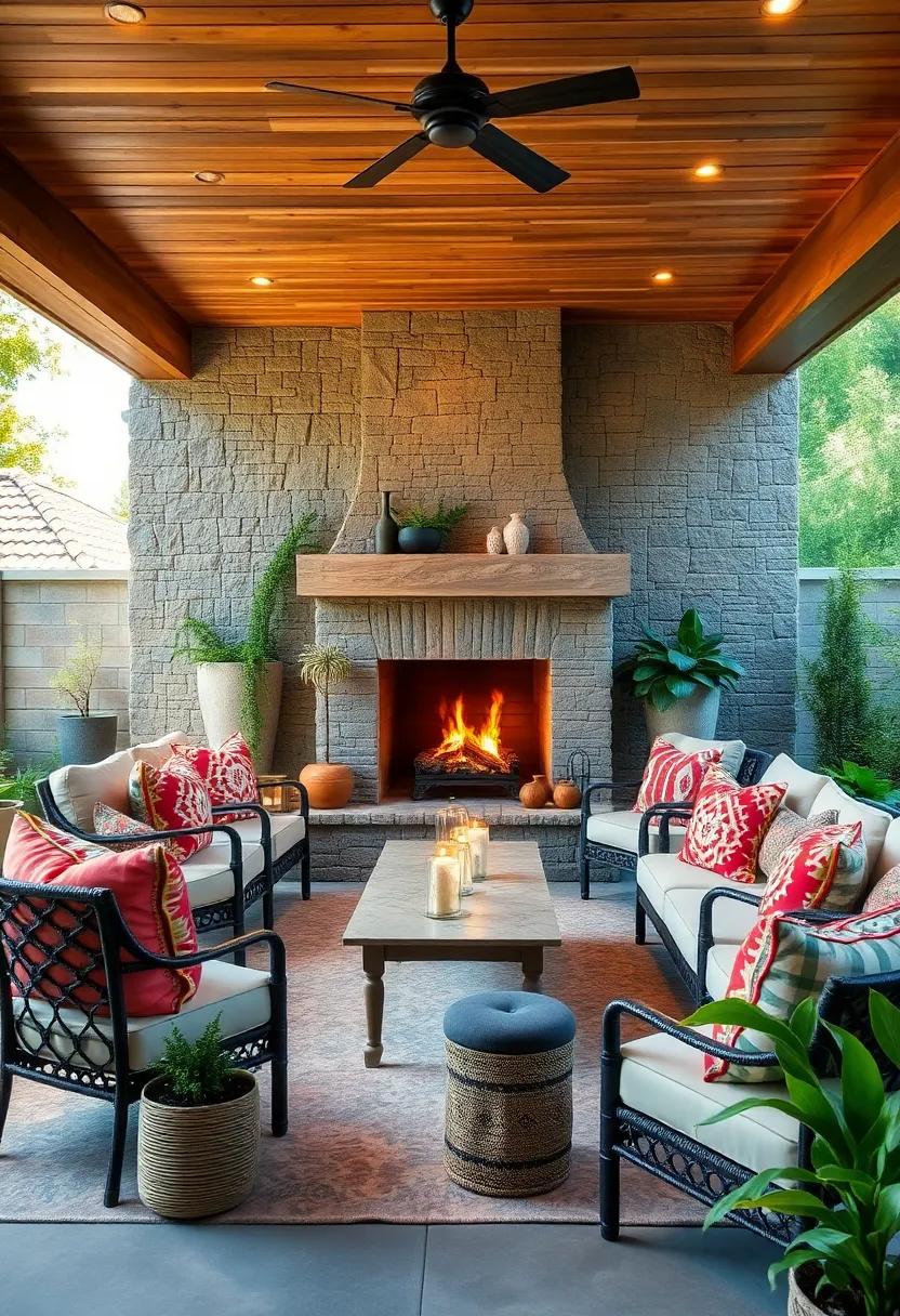 bohemian Bliss: A​ mix of colorful cushions and a textured fireplace with artistic tile accents⁣ provide​ eclectic warmth