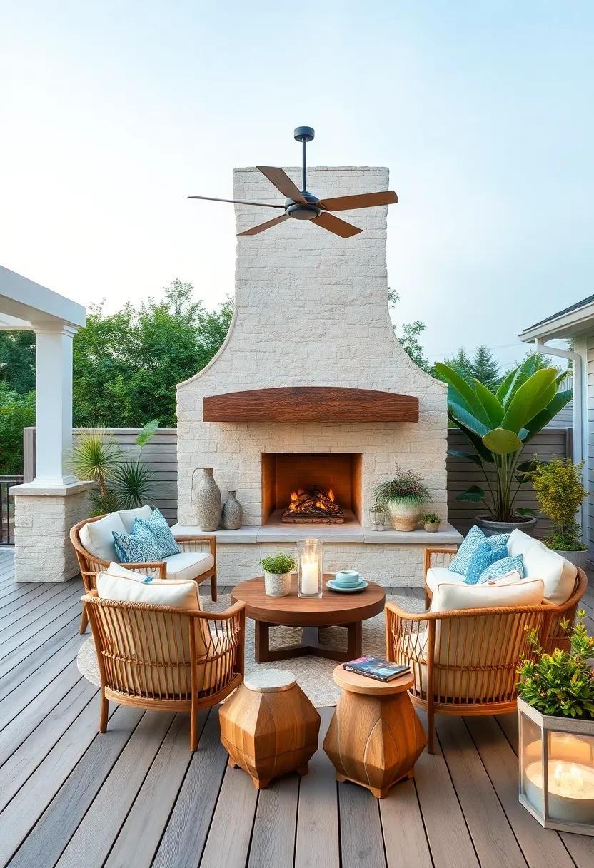 Coastal Escape: Light wood ‌decking ​paired with a​ whitewashed stone fireplace brings beachy serenity to your patio space