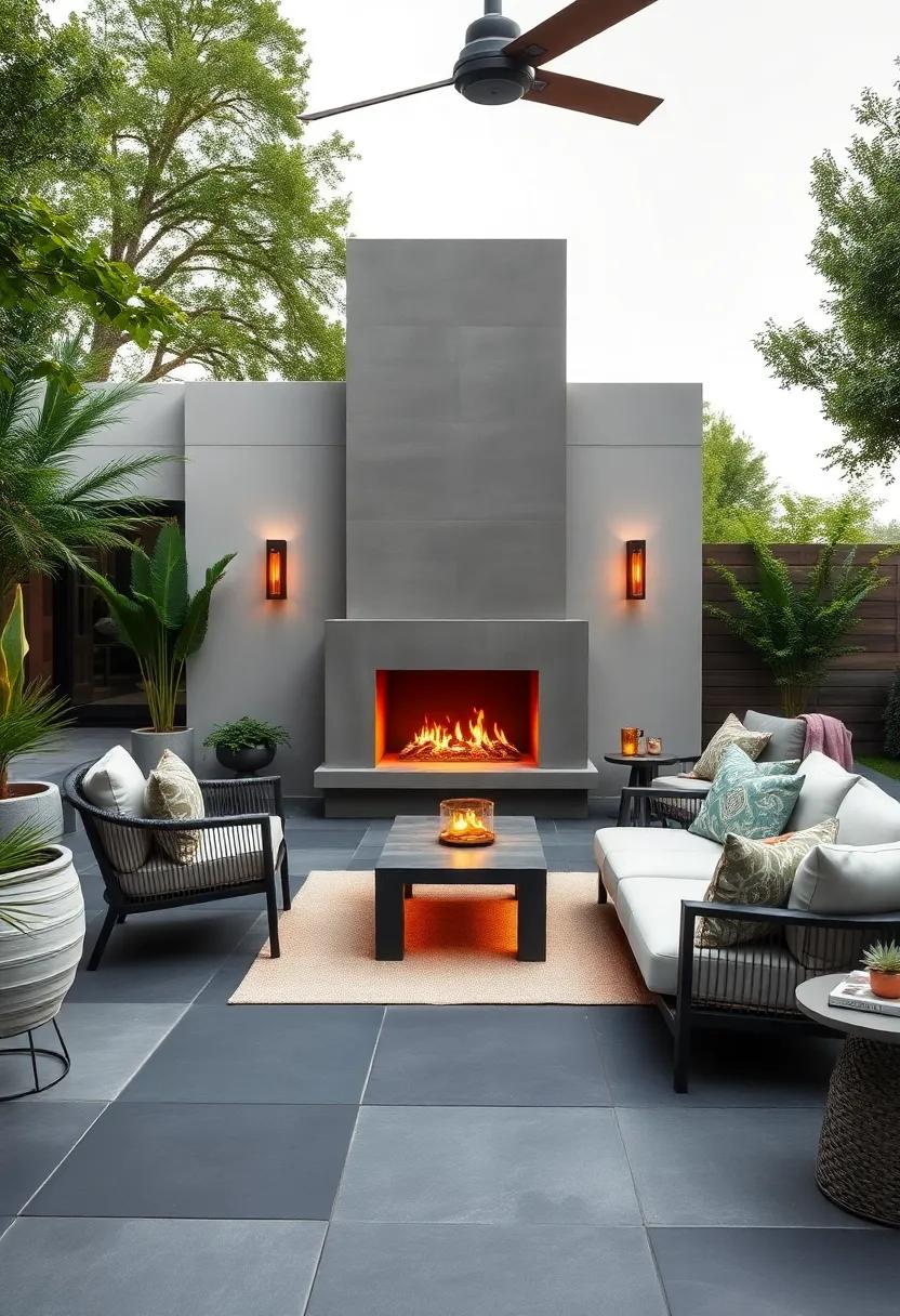 Contemporary‌ Contrast: Dark slate flooring contrasts ‌with ‍a bright,⁣ geometric fireplace,⁤ offering visual depth ‌and boldness