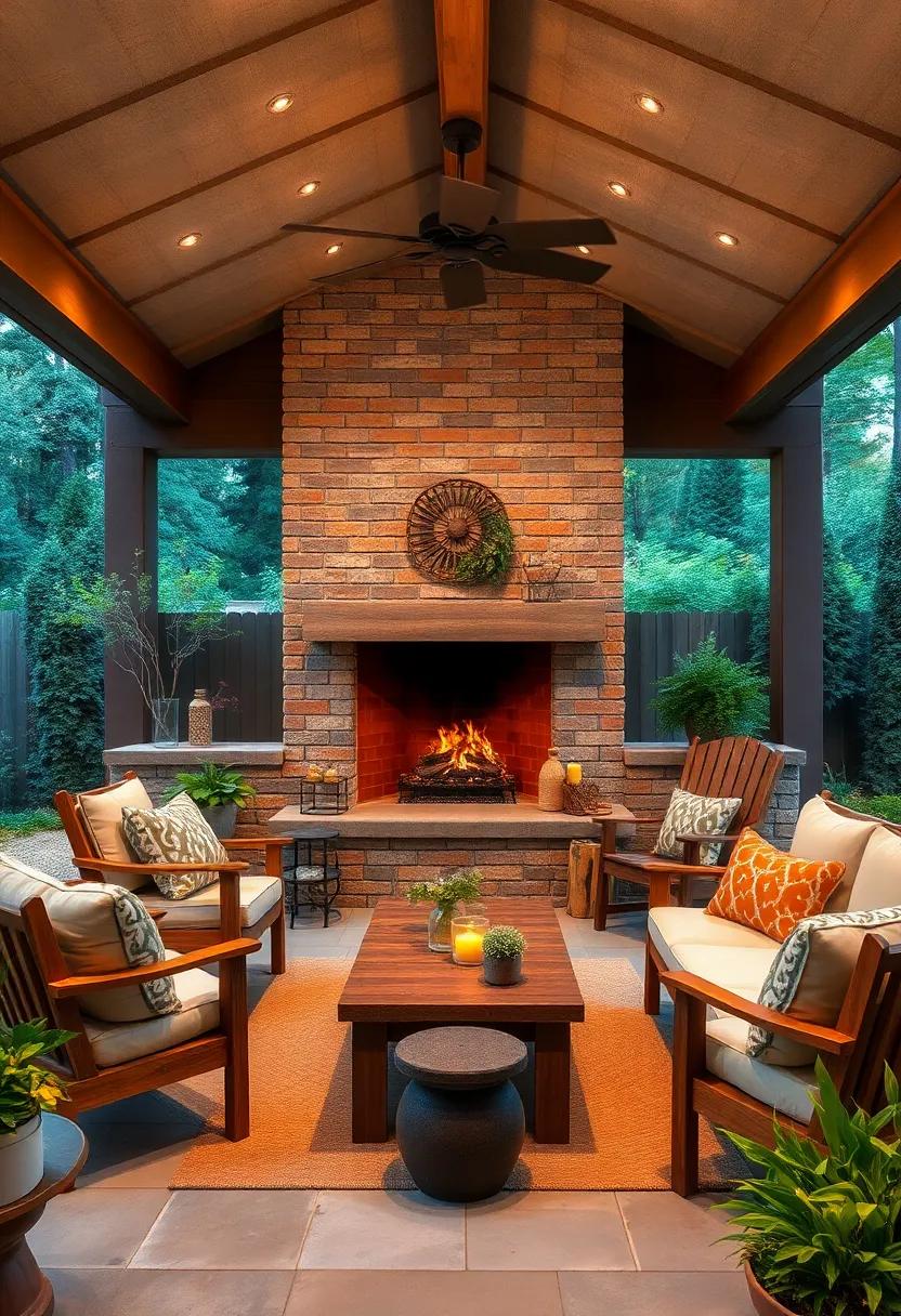 Cottage Cozy: Brickwork on the fireplace and rustic wooden ‍furniture create ⁢a homely,inviting outdoor‌ nook
