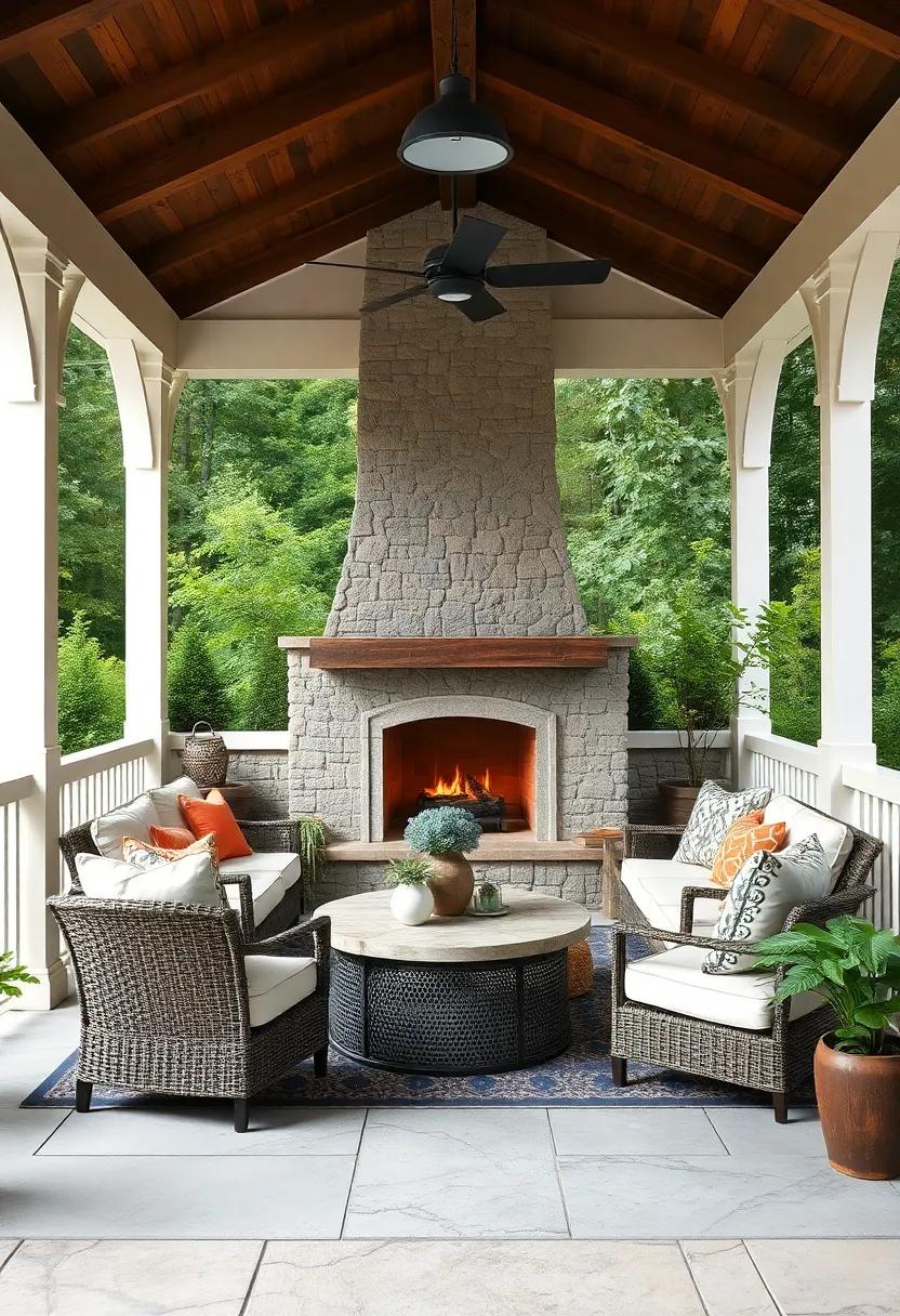 Farmhouse Friendly: White picket railings frame a natural stone fireplace, ⁤making the patio welcoming and charming
