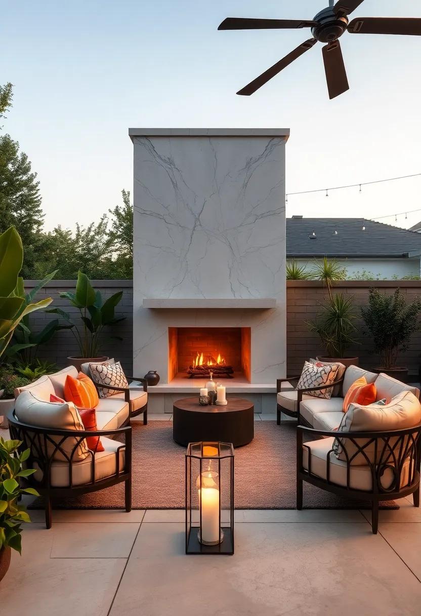 Luxe lounge: Marble ‌fireplace facade ⁢paired‍ with plush outdoor seating elevates the​ backyard into an upscale venue