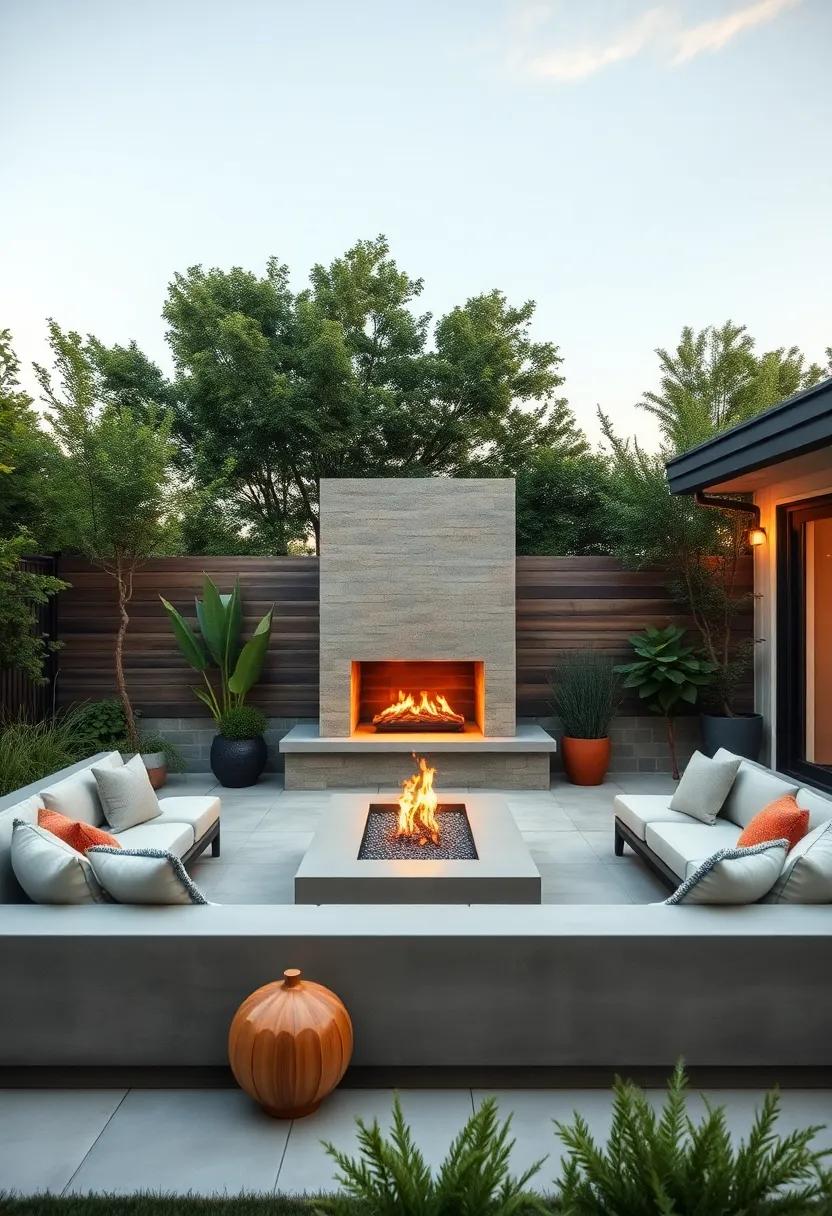 Modern ⁤Minimalism: Sleek concrete seating surrounds a ⁢linear firebox, creating a clean​ and ⁢sophisticated backyard lounge