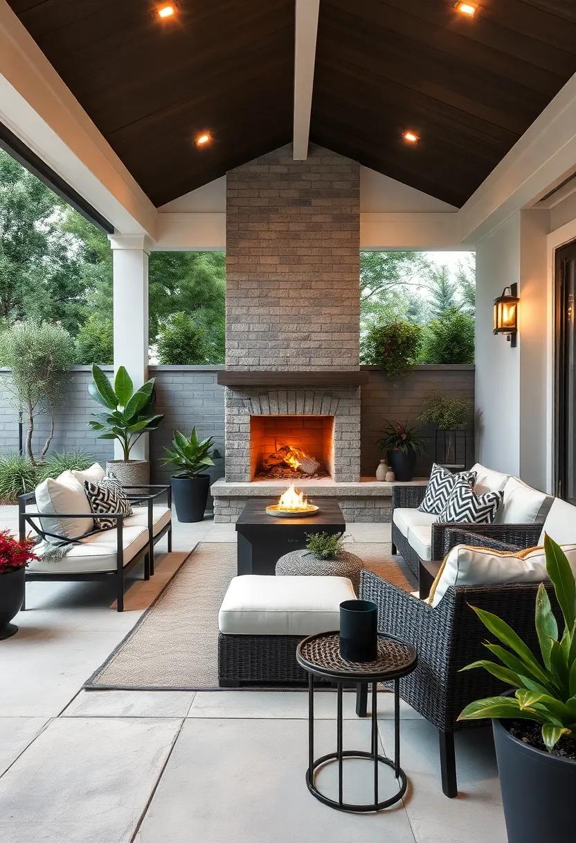 Monochrome Magic: Black and⁢ white ⁤palette extends⁣ to a​ fireplace ​with clean ⁣lines, crafting a dramatic outdoor scene