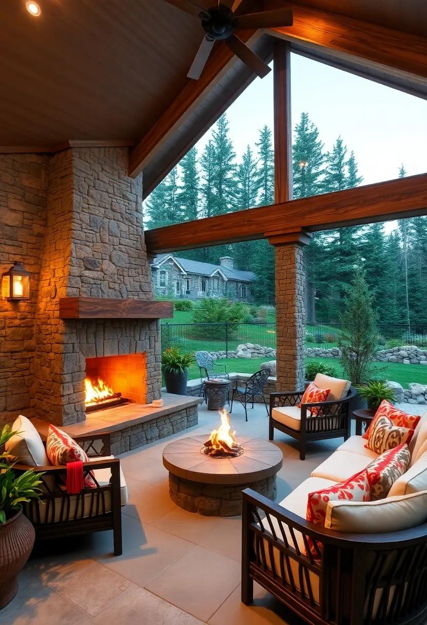 Mountain Lodge: Rough stone, timber ‍beams, and‍ a large, open fire create⁣ a rugged yet inviting patio escape