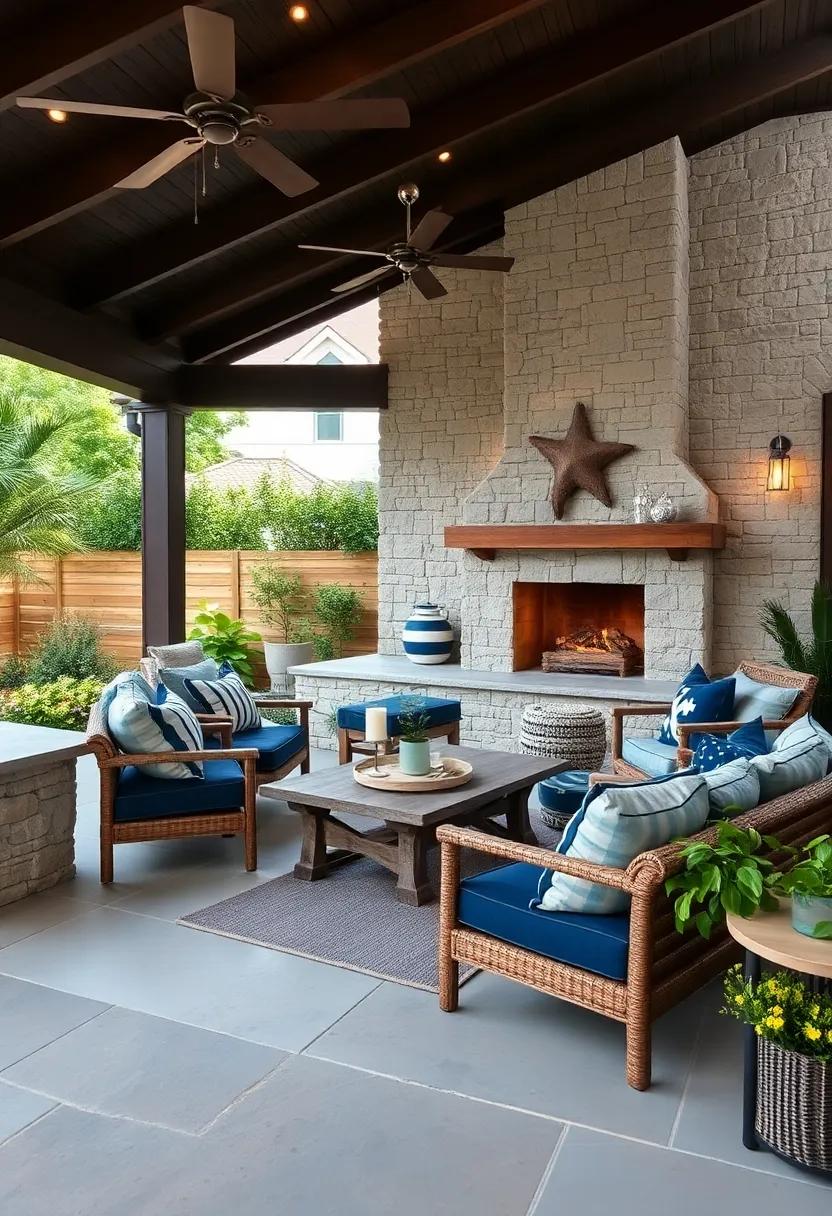 Nautical Nook: Navy cushions and a​ fireplace featuring ​driftwood details evoke a‍ coastal, sailor-inspired⁢ ambiance