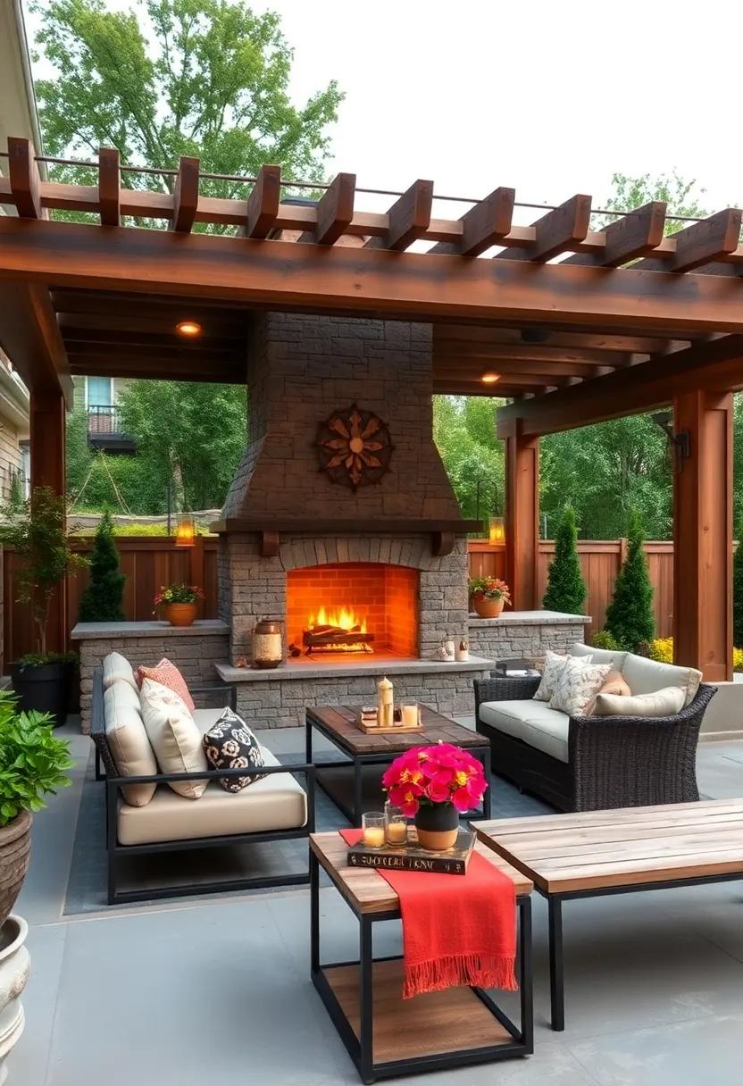 Rustic Elegance: A stone fireplace ⁤anchors a ‍wooden pergola-covered patio, blending natural textures for a cozy ​outdoor retreat