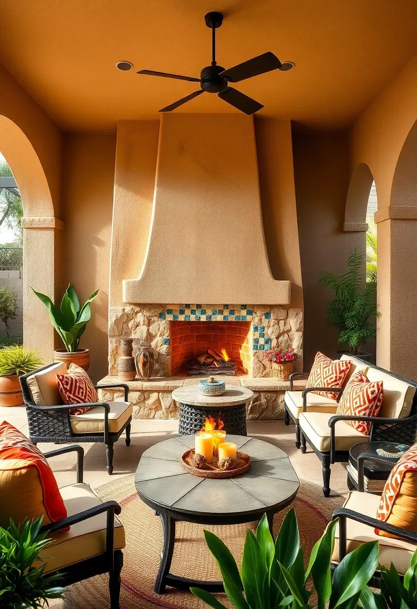 Southwestern Flair: Adobe-style fireplace with colorful mosaic tiles introduces vibrant cultural elements to your ‍patio