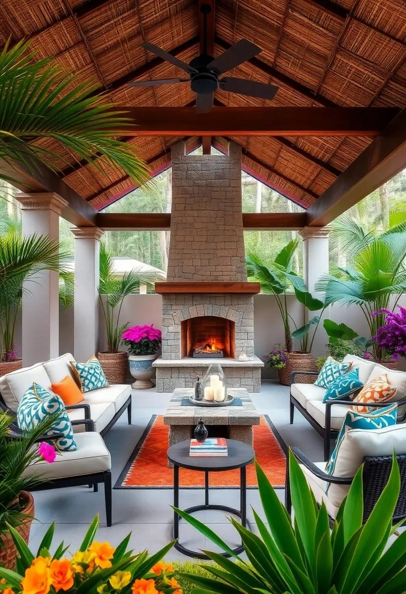 tropical ⁣Paradise:‌ A thatched‌ pergola shelters a stone fireplace surrounded by ⁢lush palms⁢ and vibrant blooms
