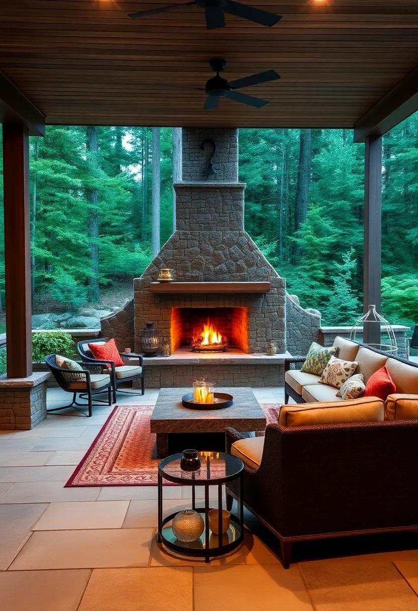 Woodland Wonder: Rough-hewn logs and a moss-covered stone fireplace blend seamlessly⁤ with forested surroundings