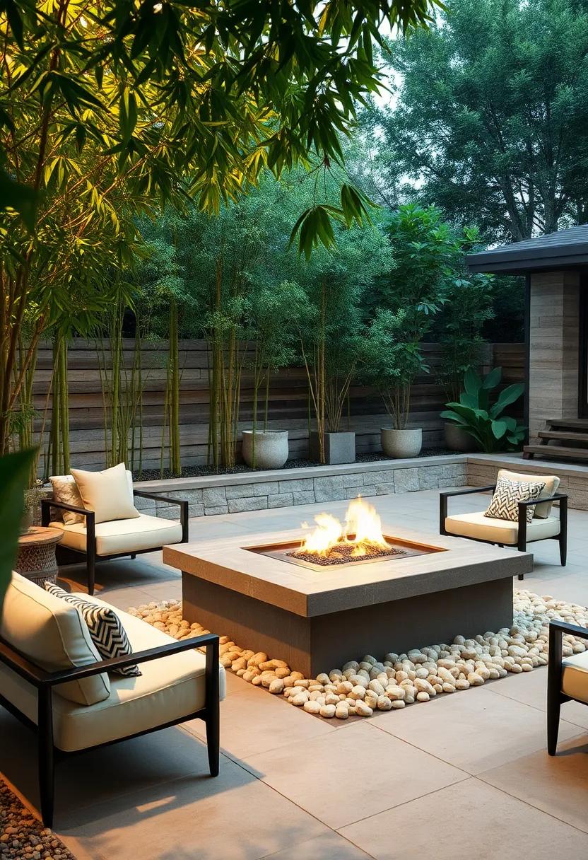 Zen Retreat: A minimalist, low-profile fireplace surrounded ‍by ‍smooth​ pebbles and bamboo​ planting fosters calmness