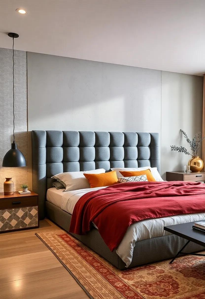 Geometric Stitching Details: elevate a ​simple​ fabric headboard with geometric stitching for a modern twist