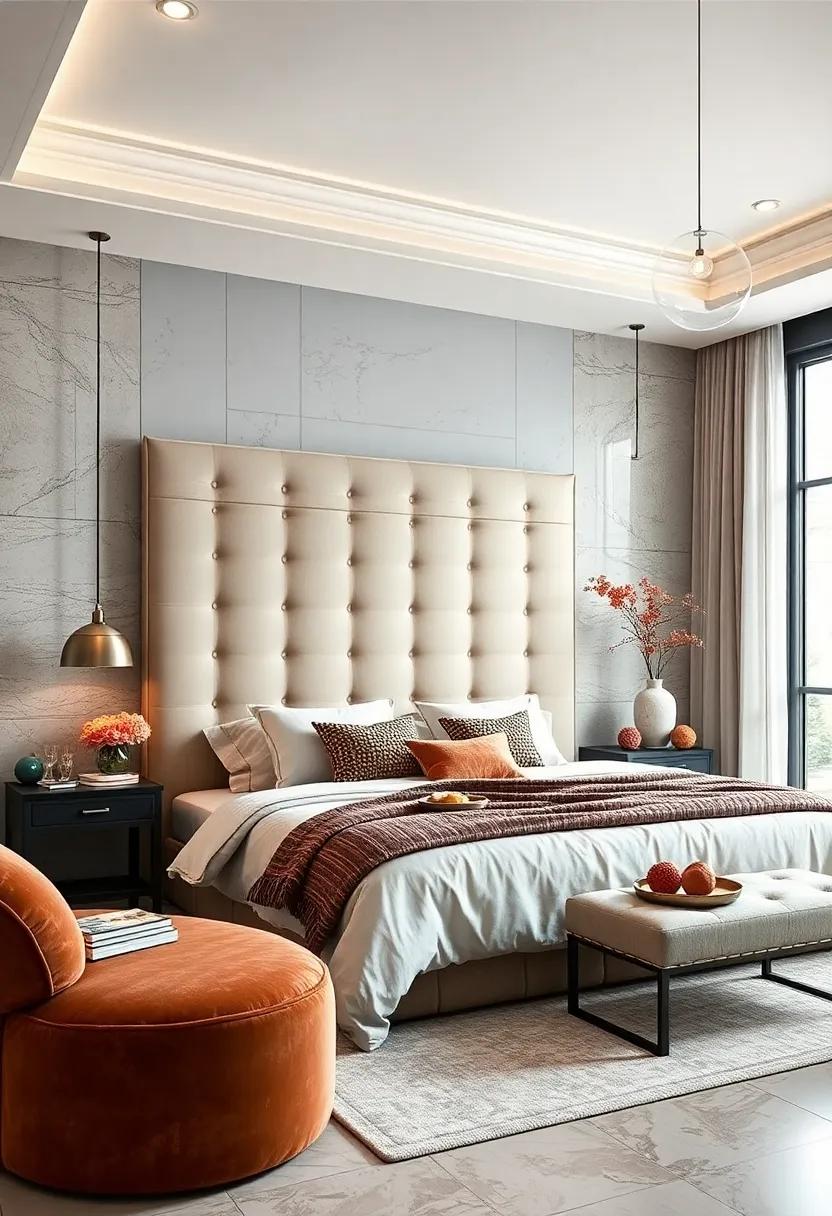 Oversized Statement piece: Make your bed the focal point by selecting an extra-large, dramatic headboard that commands attention