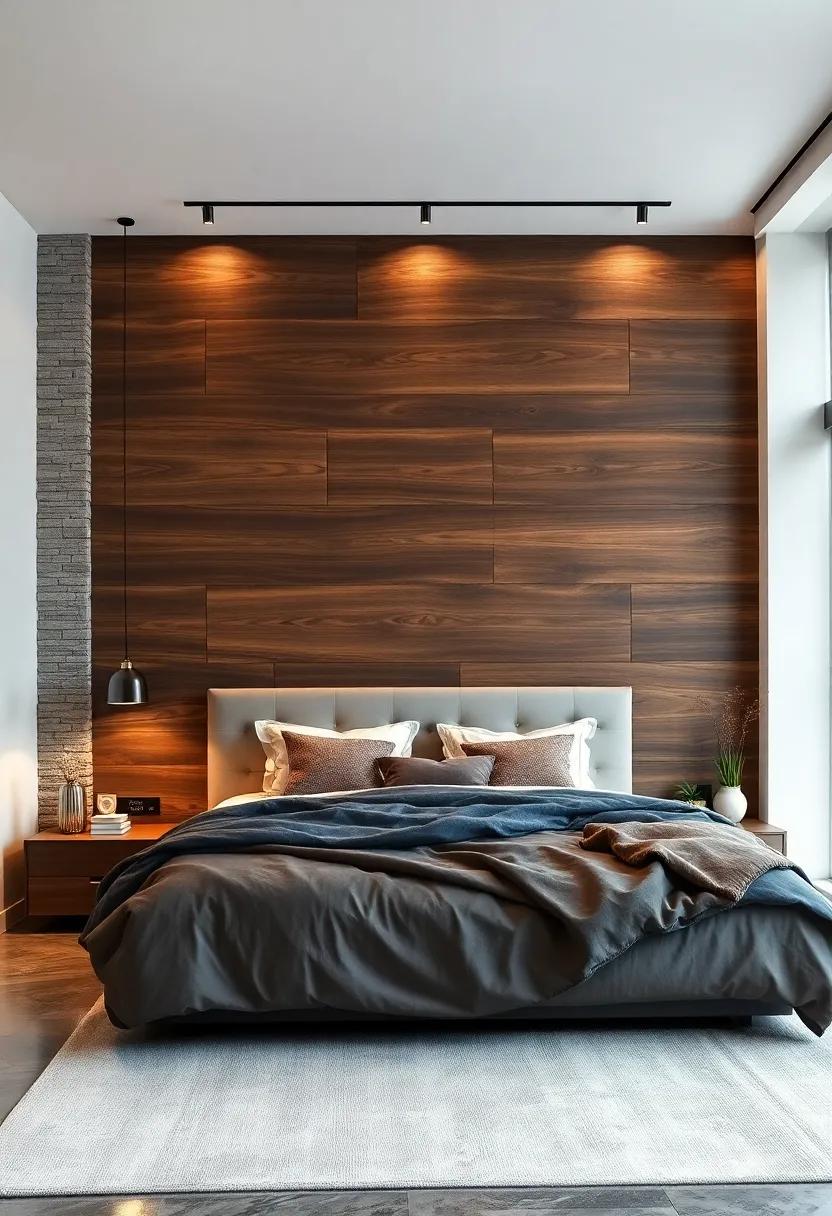 walnut Wood ​Accent Wall with Recessed Lighting