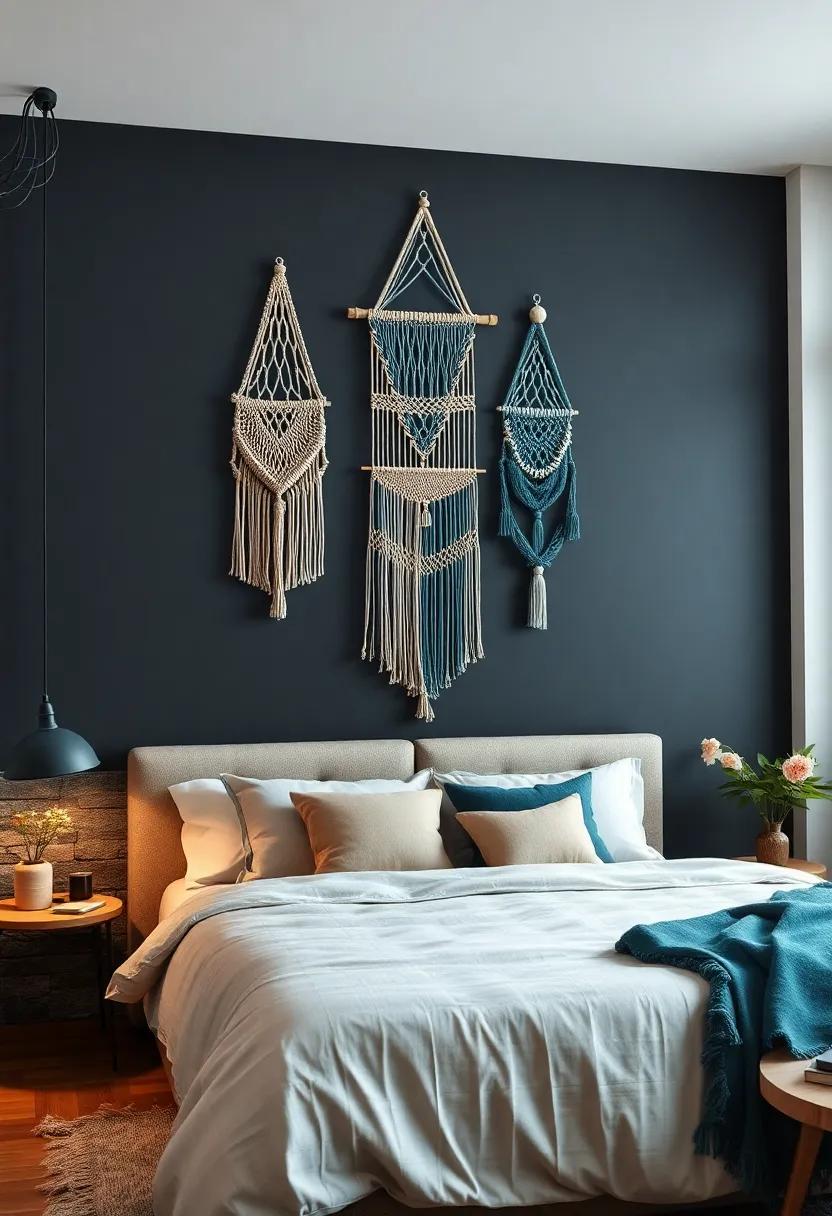 Dark Teal Macramé Wall Hangings with Fringe Details