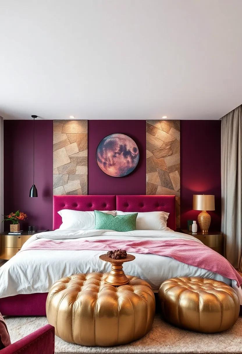 Deep Plum Painted Walls Paired ⁢with Metallic⁣ Furnishings