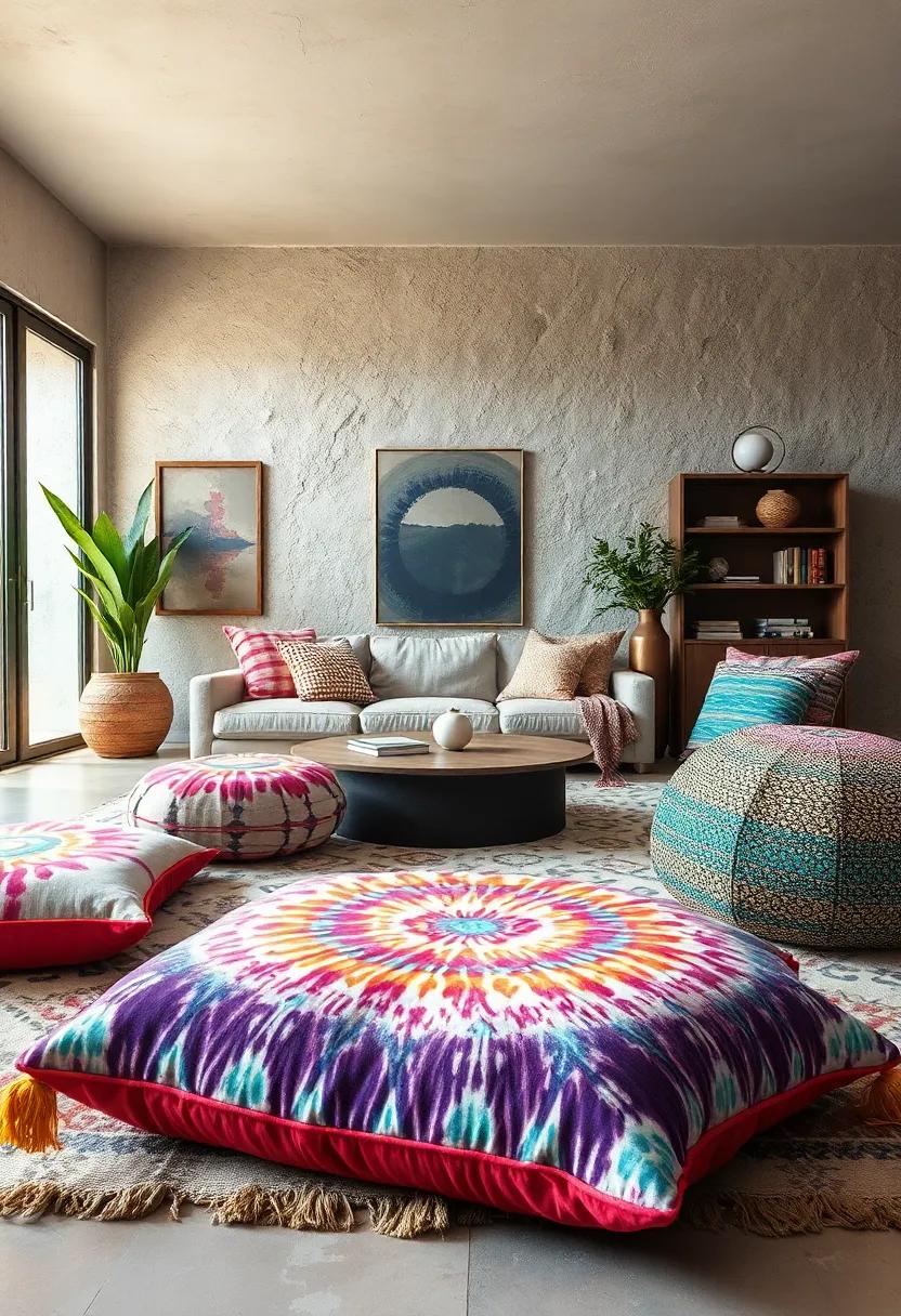 Brightly Dyed Floor Pillow Featuring Traditional ​Tie-Dye Techniques