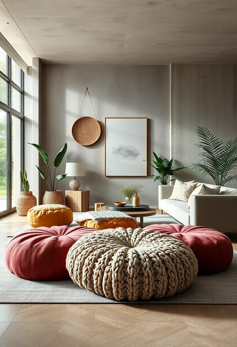 Chunky Knit Pouf in Neutral Shades for Textural Contrast