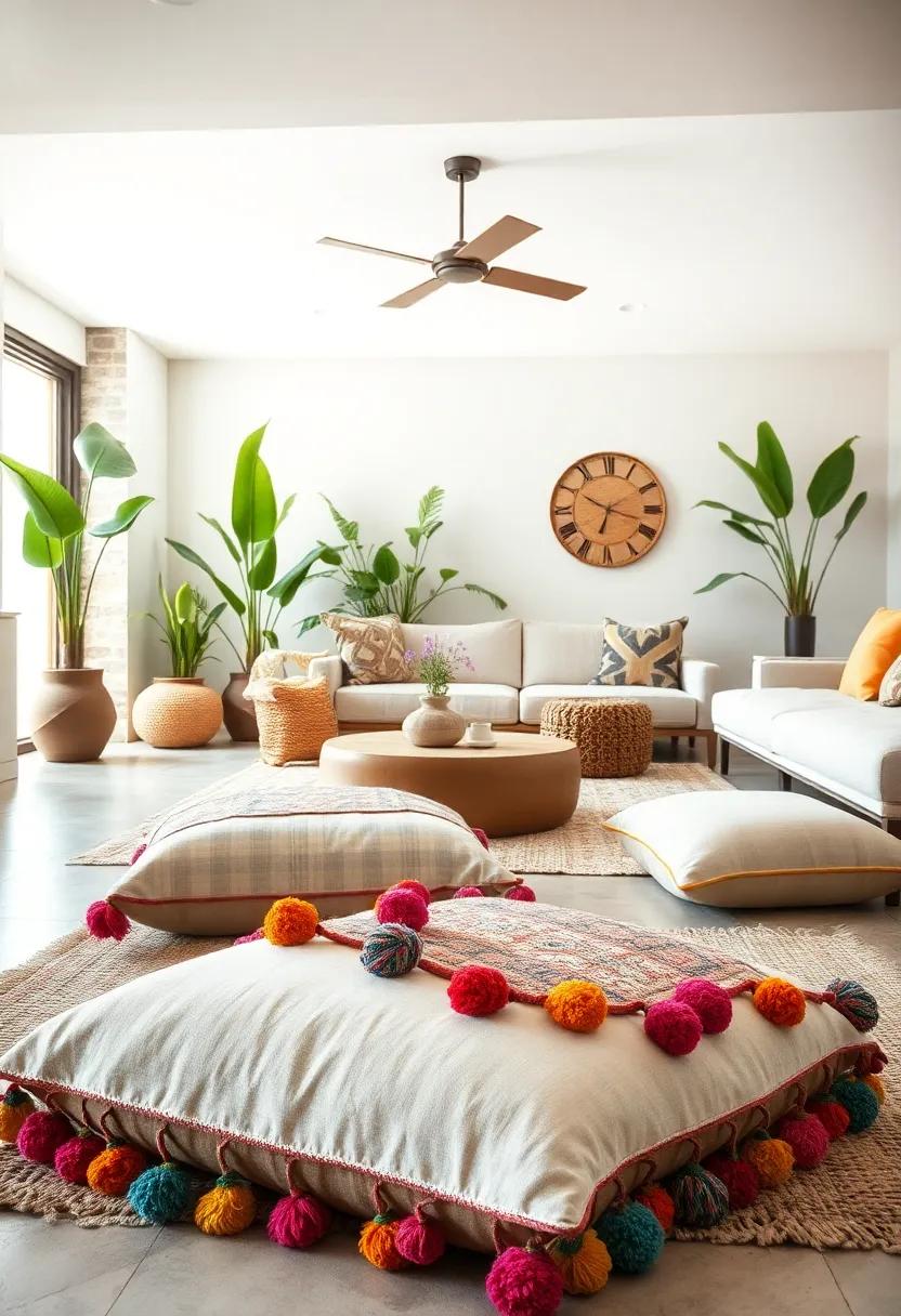 Floor Cushion with ​Colorful Pom-Poms ‍and Handwoven‍ Textures