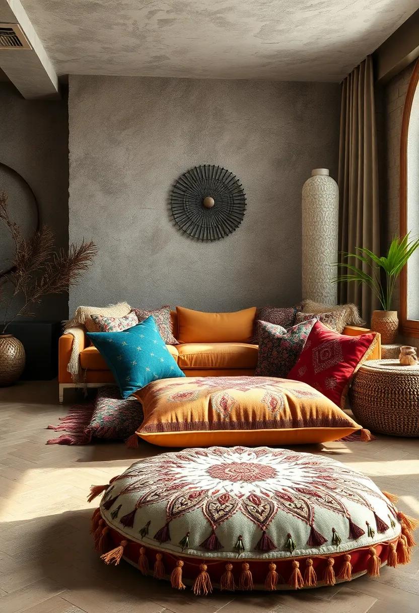 Gypsy-Inspired​ Floor⁣ Cushion ‌with⁤ Metallic​ Thread ⁣Embellishments