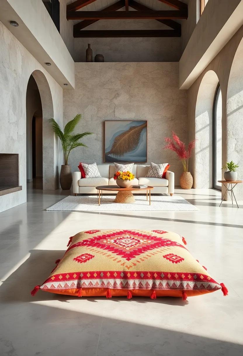 Kilim-Style Square ‍Floor Cushion with Bold red and Orange accents