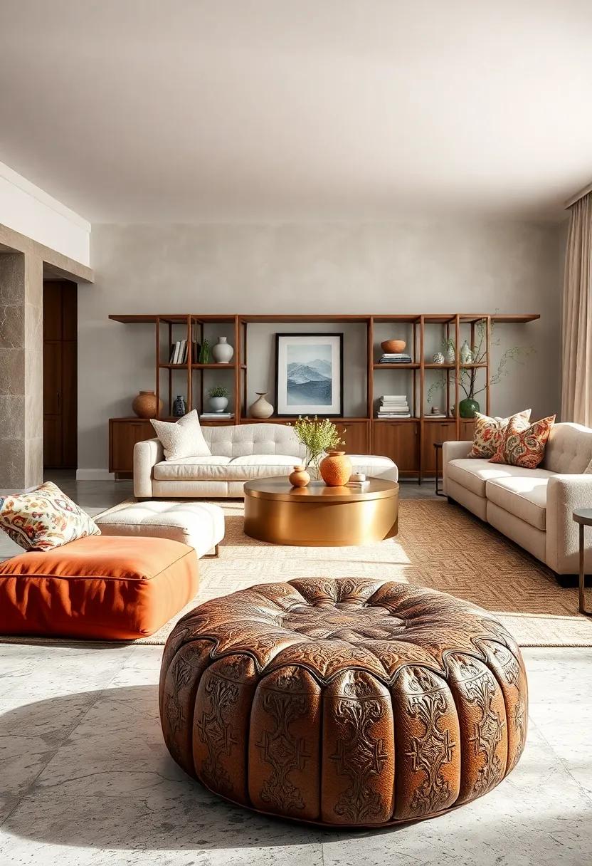 Round Leather Pouf with ornate Embossed Patterns