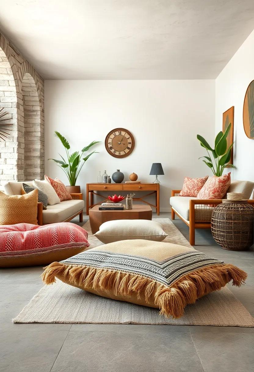 Rustic Burlap Floor⁣ Cushion with ‌Fringe Detailing