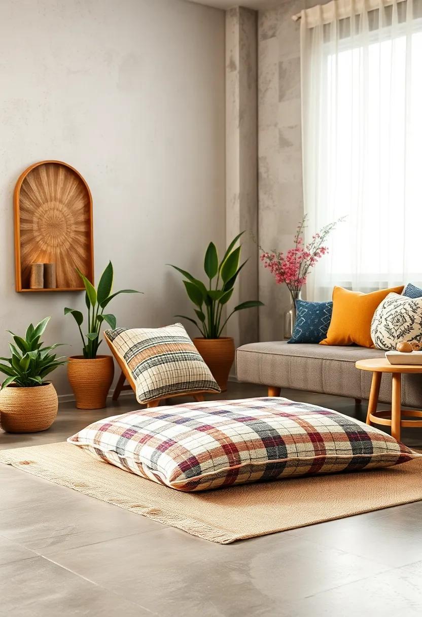 Windowpane Check ​Floor Cushion⁢ in‌ Soft Linen for Modern Boho Flair
