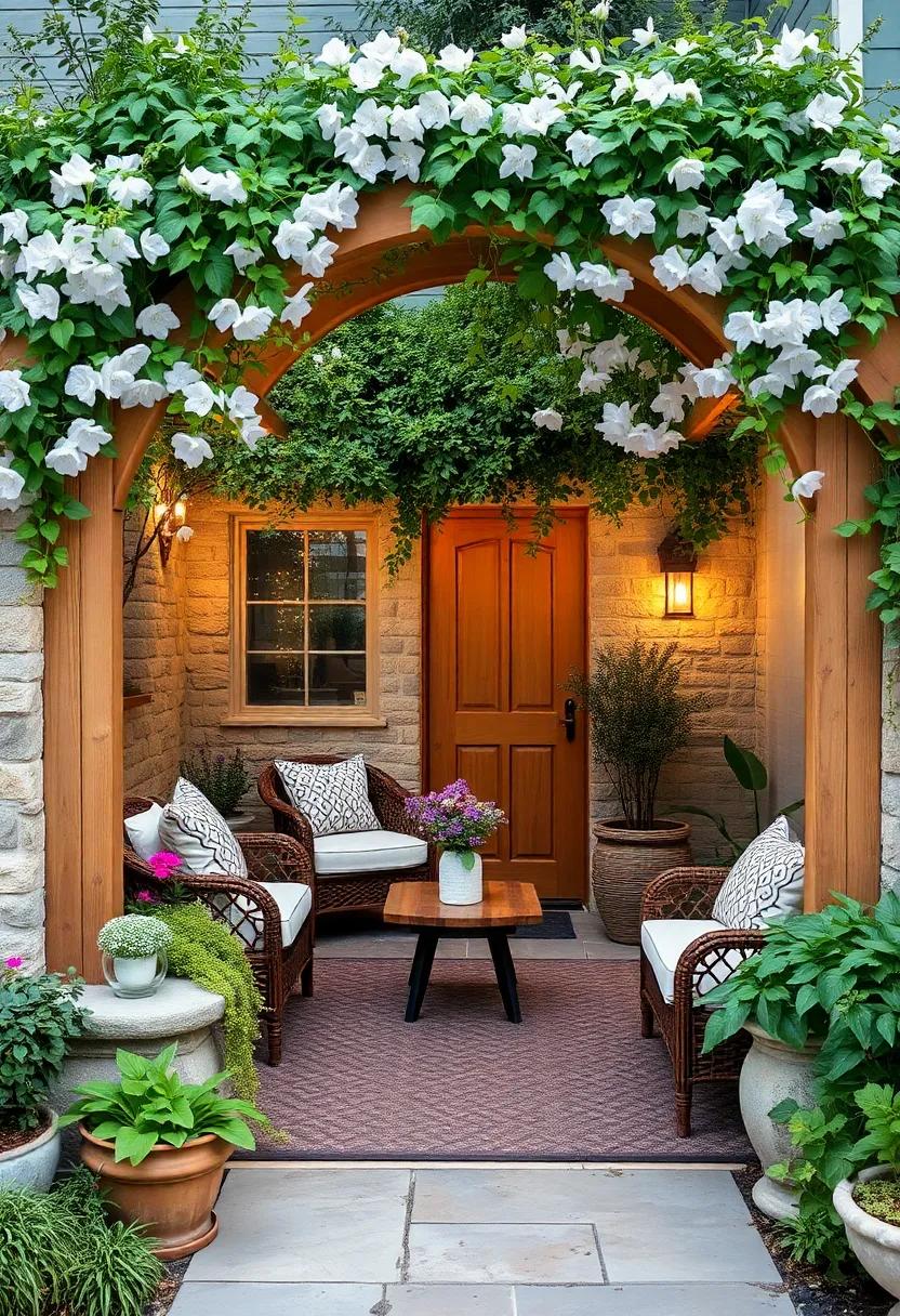 A ​charming wooden ⁢archway draped with clematis ​vines⁢ serves as a romantic​ focal⁤ point