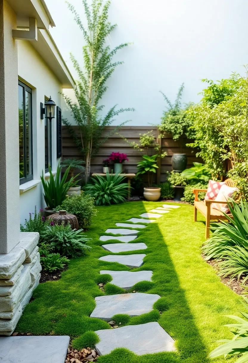 A​ moss-covered stepping stone path meandering through lush greenery creates a soft, natural look