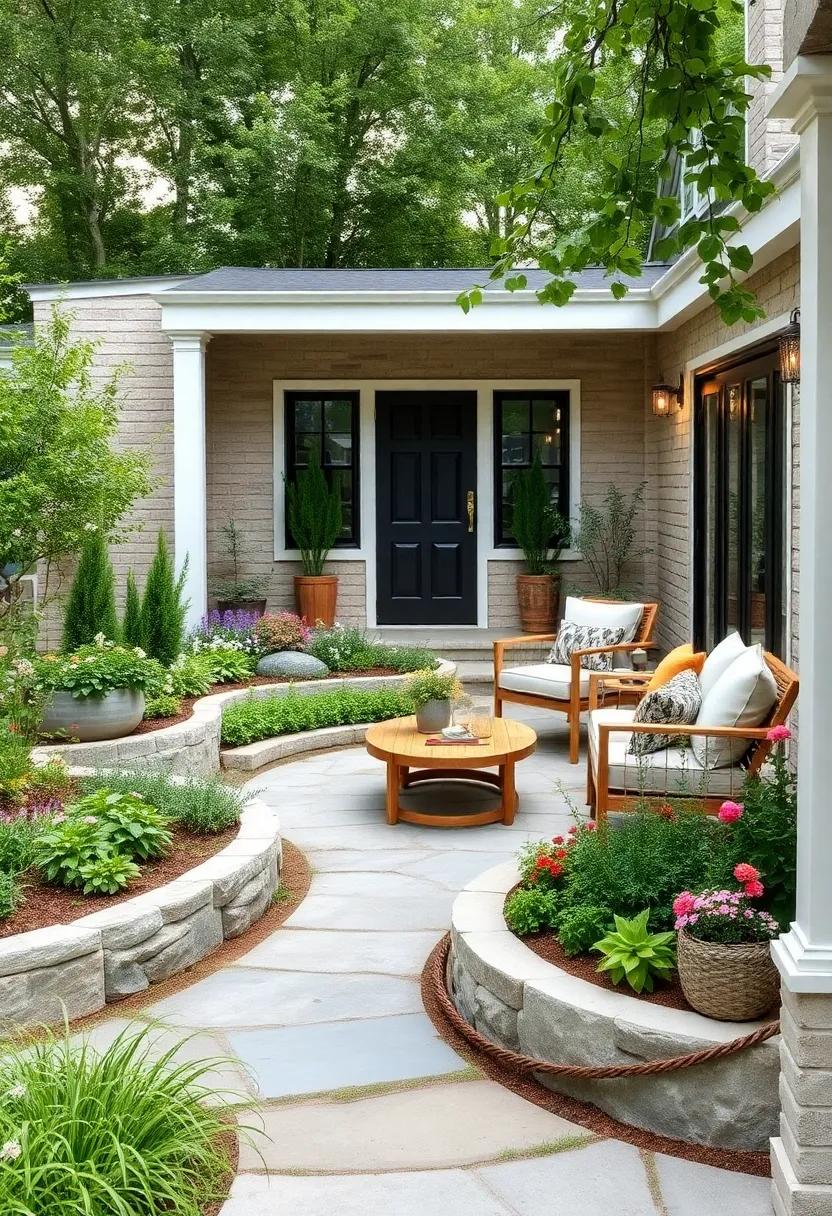 Curved ​garden beds filled with a mix‍ of ⁤herbs and flowering perennials provide⁣ both beauty and practicality