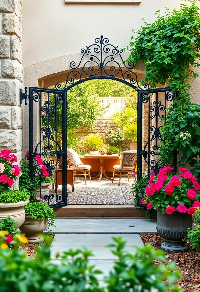Ornate​ iron garden gates paired with overflowing geranium ⁢planters set an inviting ‍and elegant ⁤tone