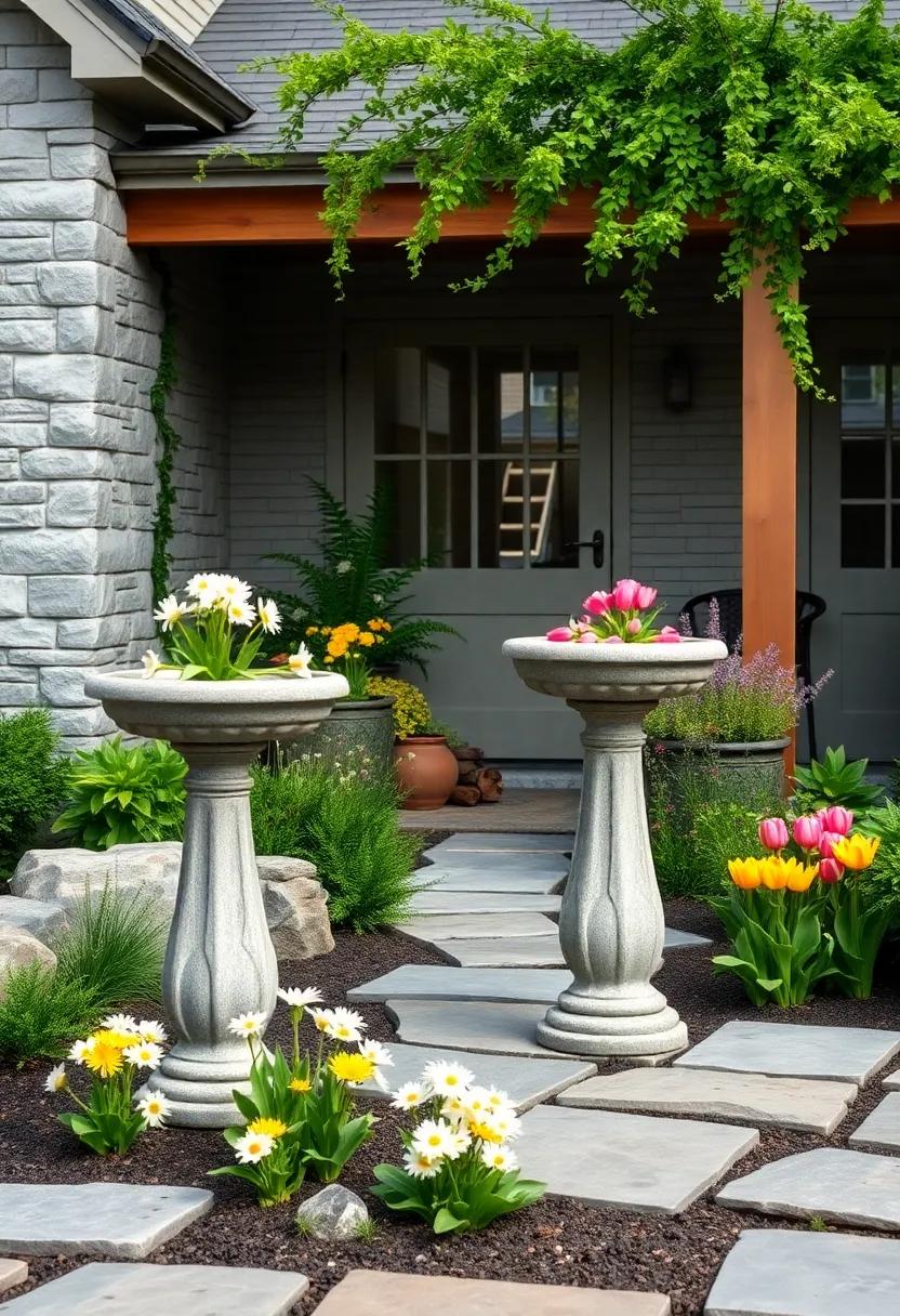 Stone birdbaths‌ surrounded by ‌cheerful daisies and tulips bring ‍whimsy and life to the front yard