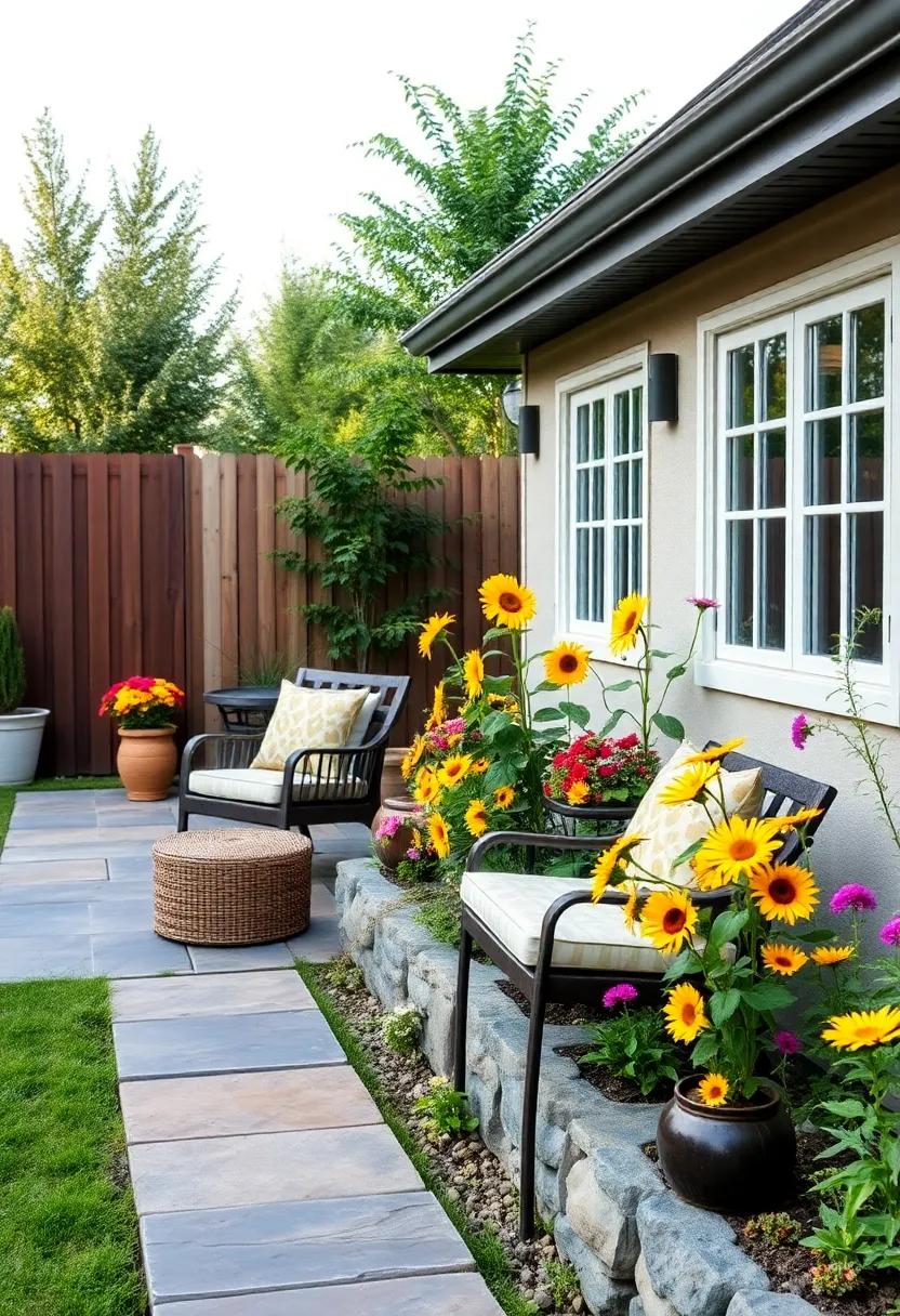 A ‍mix⁢ of sunflowers​ and cosmos planted⁣ along the fence line creates a cheerful,⁢ sunny​ border