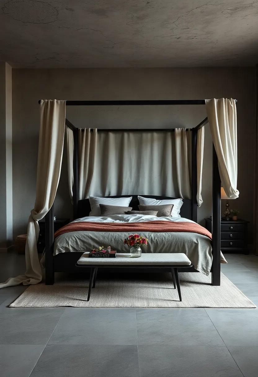 Dark Wood four-Poster Beds Draped with Heavy Linen Curtains