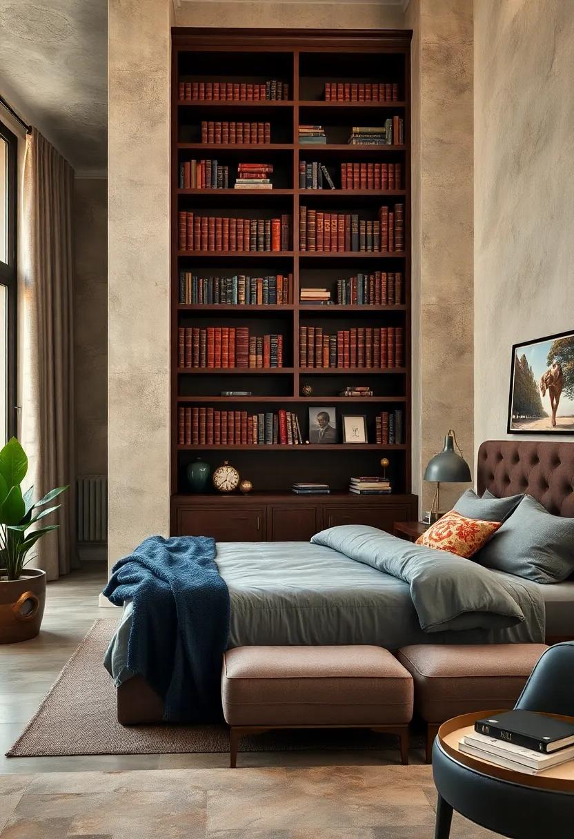 Rich Mahogany Bookshelves Filled with Leather-Bound Classics