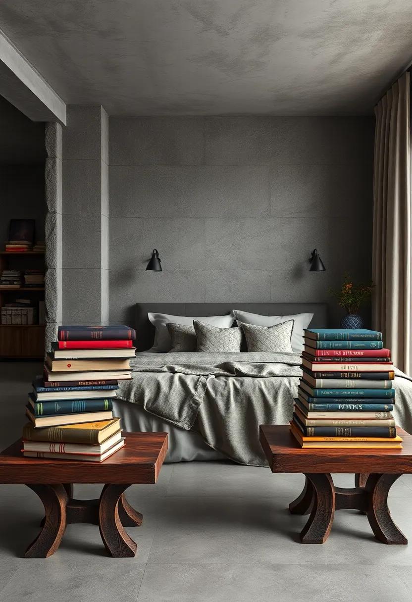 Stacks of Old Books Piled on Rustic Wooden Side Tables