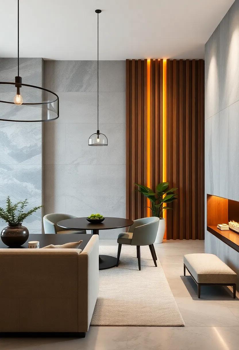 Vertical‍ Slats with Lighting: Slim wooden strips paired⁤ with hidden lights for ambiance