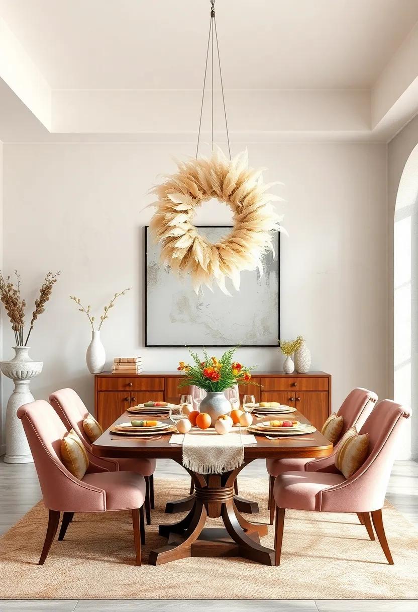 Elegant Feathered Easter Wreath Hung Above the Table