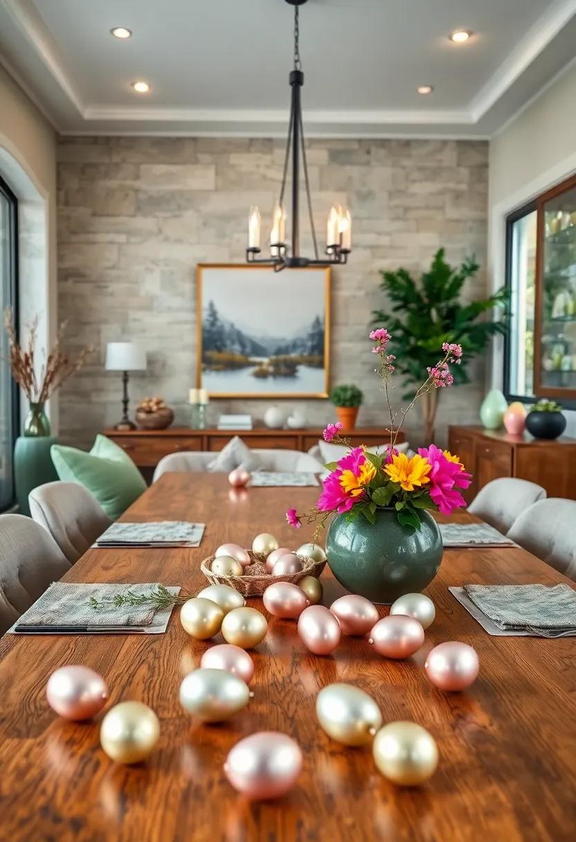 Pearlescent Easter Egg ⁣Ornaments Scattered ⁣Across the Table