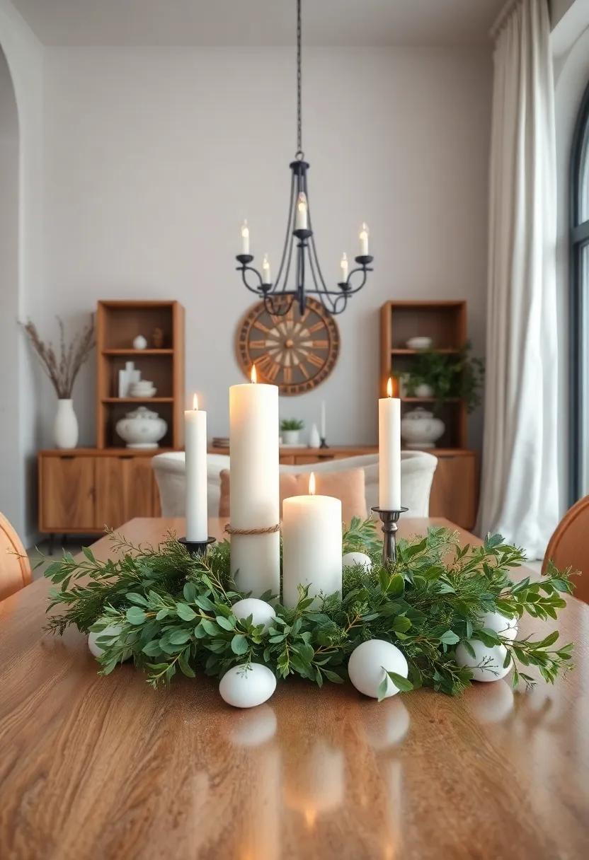 Simple ​White Pillar Candles Surrounded ⁢by Fresh⁤ Eucalyptus