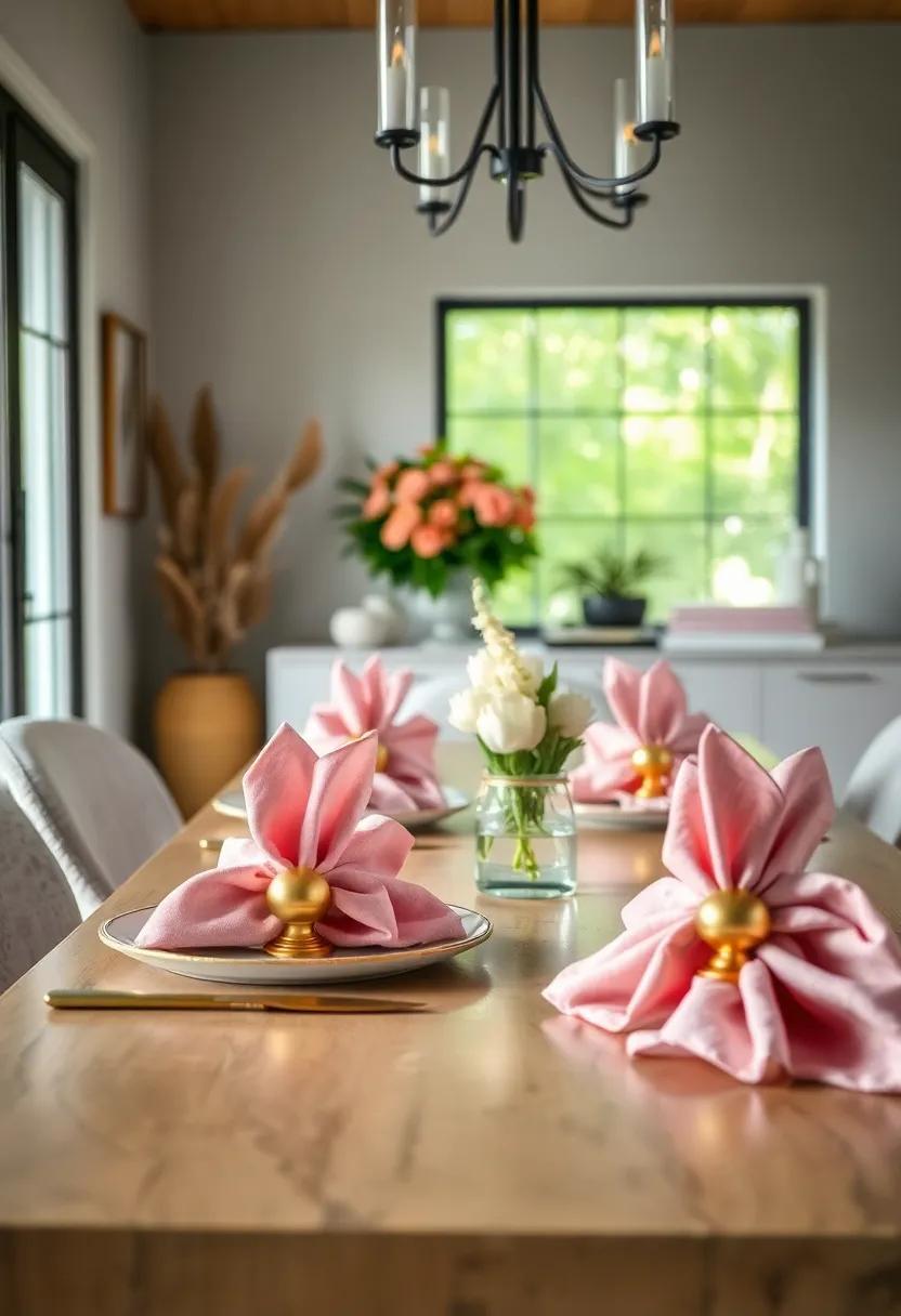 Soft Blush Pink Velvet Napkins with Brass Holders