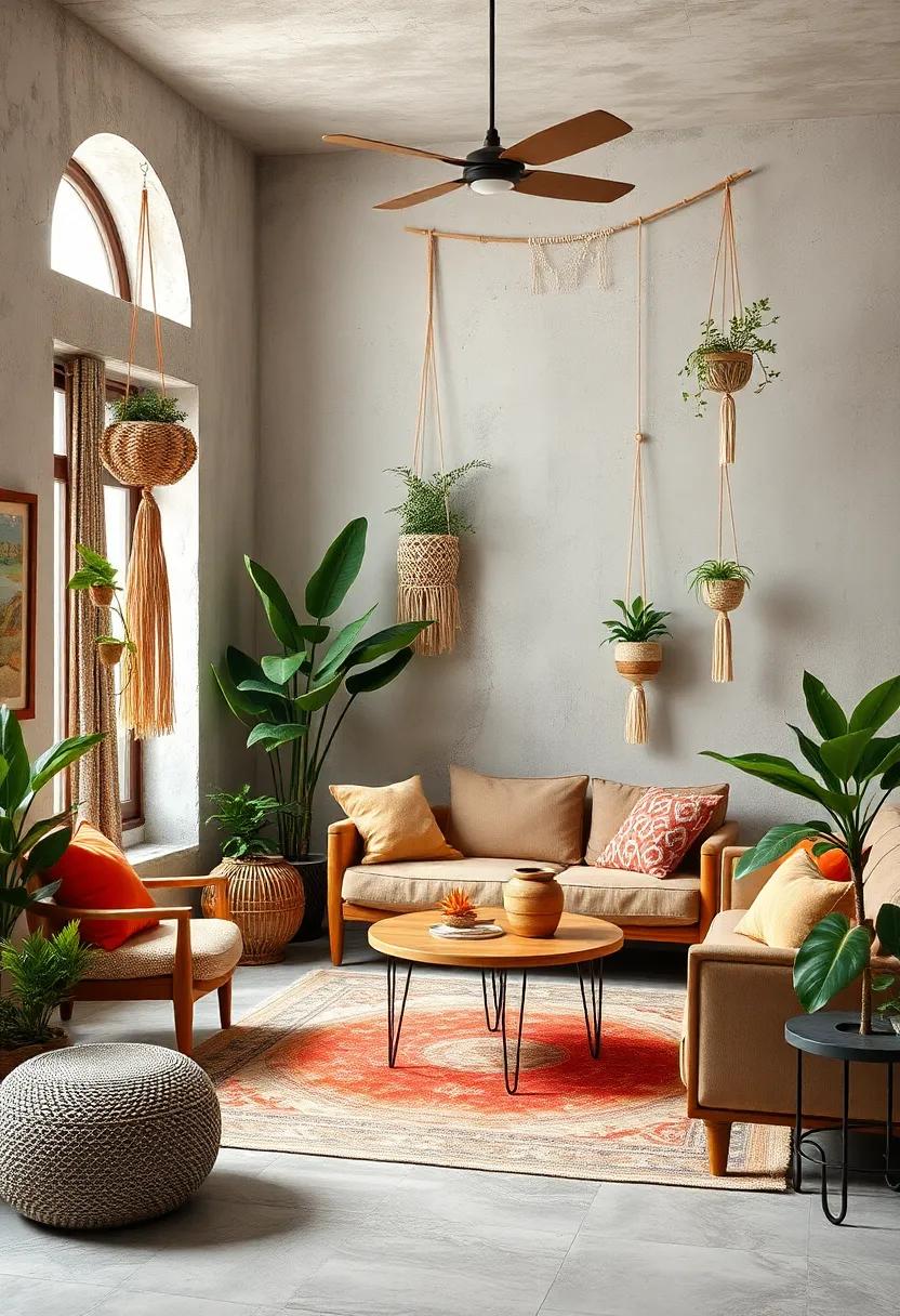 Hang macramé wall hangings and plant holders to blend 70s boho charm with greenery