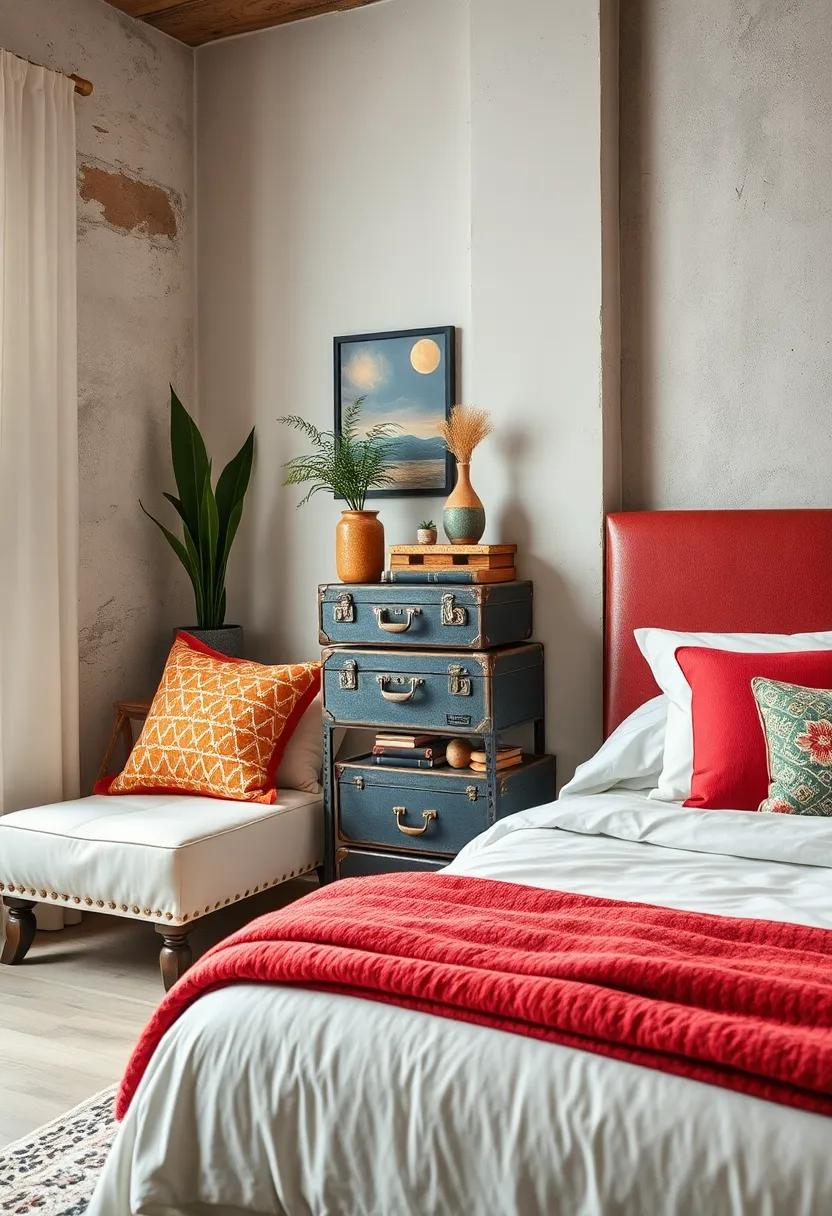 Use vintage suitcases stacked as a quirky bedside table with hidden storage