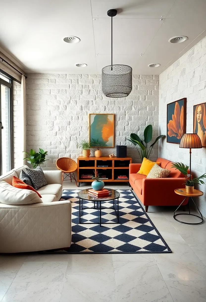 Integrate a classic checkerboard or geometric patterned floor mat to anchor the room's look