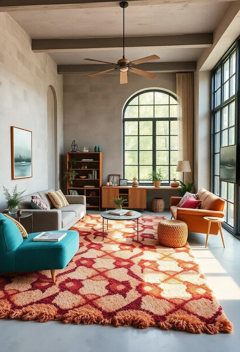 Incorporate patterned shag rugs that scream cozy, laid-back retro vibes